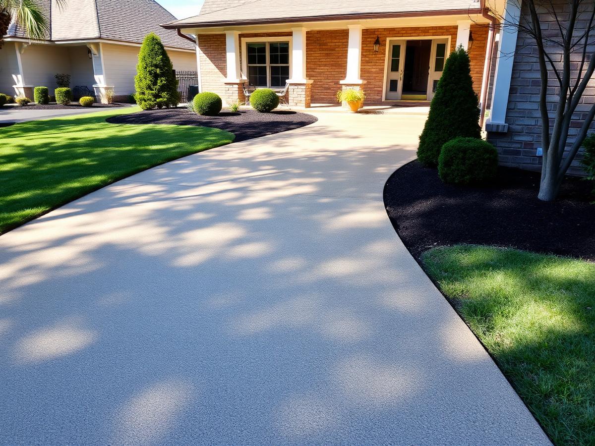Newly finished concrete driveway leading to a residential home