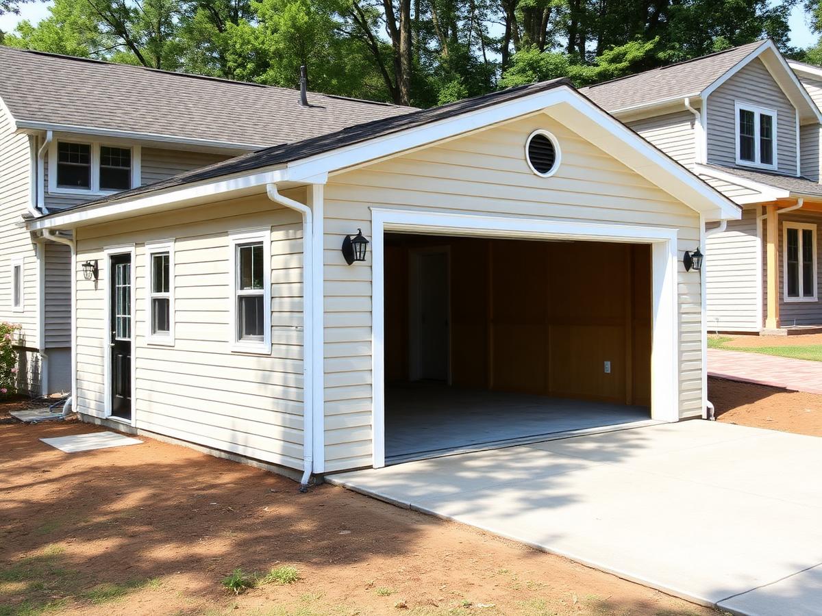 Newly constructed detached garage with concrete apron