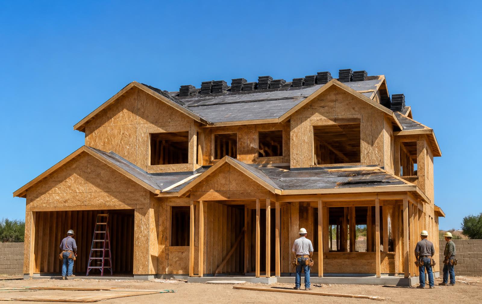 Residential home under construction with new framing and roof